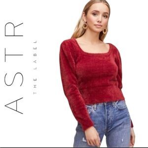 ASTR THE LABEL SQUARE NECK BURGUNDY WINE OX BLOOD FUZZY EYELASH SWEATER XL